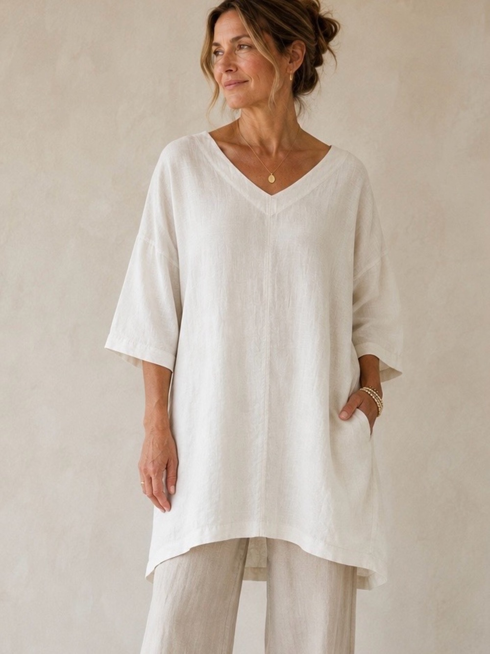 Off white Siyazu Linen Ramie V-Neck 3/4 Sleeve Pullover Sheath Tunic Size M